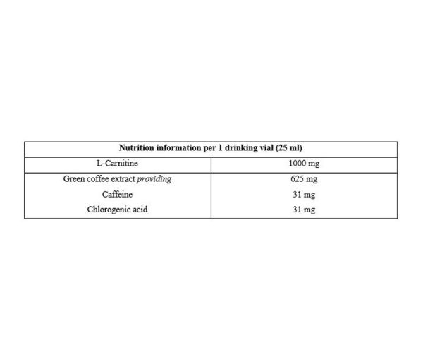 جدول ارزش غذایی ویال ال کارنیتین + قهوه سبز یوروویتال